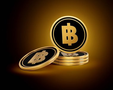 Altın ve Siyah Tayland Baht Sikkeleri Yığını Parlak Altın Parlak Arkaplan 3D Görüntü