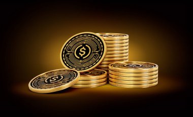 Altın Kripto Para Yığını Parlak Altın Parlak Arkaplanda USDC Bozuklukları 3D Görüntü