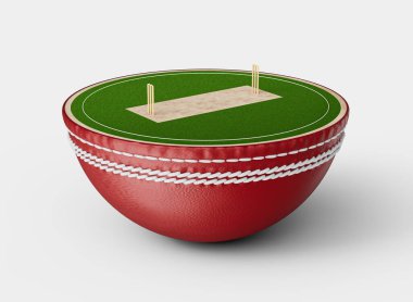 Beyaz dikişli kırmızı kriket topu ve üstünde minyatür bir kriket sahası. 3B Görüntü