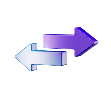 Mor ve mavi renkte, solu ve sağı gösteren iki tane parlak 3D ok. 3B Görüntü.