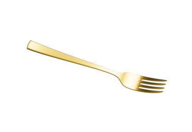 Parlak altın kaplama çatal, yansıtıcı bir kaplama ve hafif kıvrımlı bir sapı var. 3B Görüntü