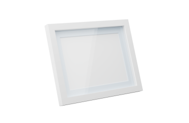 Siyah zemin üzerinde cam olan modern beyaz çerçeve, modeller için ideal. 3d illüstrasyon