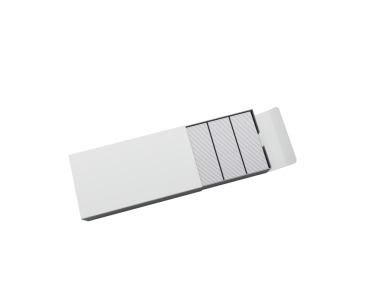 Açılmış gümüş zımba kutusu, siyah üzerine izole edilmiş ofis malzemeleri. 3d illüstrasyon