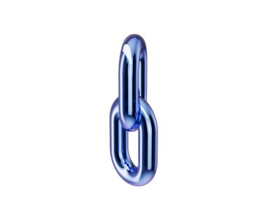 Parlak bir kapağı olan üç boyutlu metalik mavi zincir halkası bağlantıyı ve birliği simgeliyor. 3d illüstrasyon