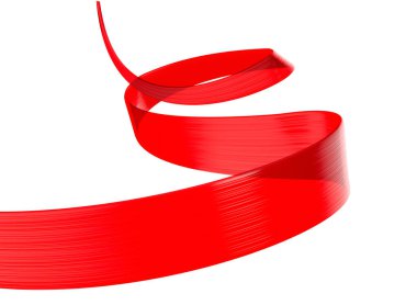 Dinamik kıvrımlı kırmızı kurdele, beyaz arkaplanda zarif bir soyut tasarım. 3B illüstrasyon