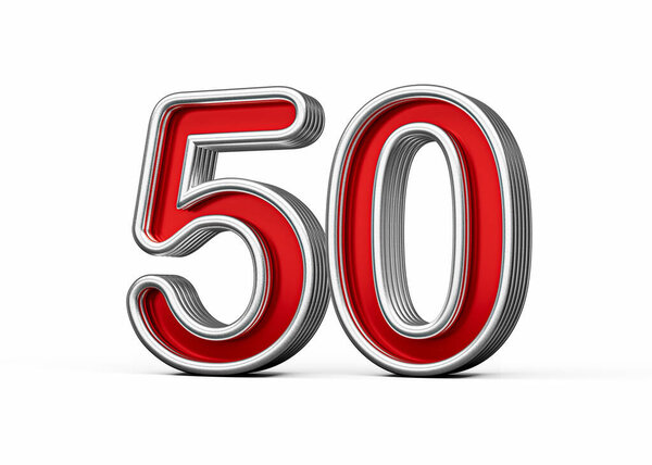 Vibrant Red Number Fifty 50 With Metallic Gleam And Beveled Edges, 3D Illustration