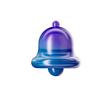 Mavi ve mor tonlarda 3D çan simgesi, uyarıları, uyarıları veya hatırlatıcıları sembolize ediyor. 3d illüstrasyon