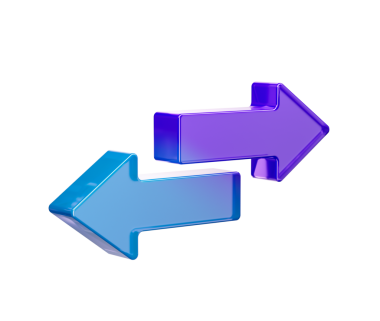 Mor ve mavi renkte, solu ve sağı gösteren iki tane parlak 3D ok. 3B Görüntü.