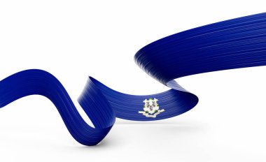 Connecticut bayrağı renginde 3 boyutlu dalgalı kurdele ulusal gurur ve zarafetle akıyor. 3B Görüntü