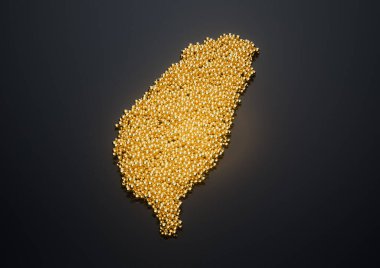 Tayvan Haritası Yüksek Kaliteli Altın Parlak Metalik Boncuklar veya Toplar 3D İllüstrasyon