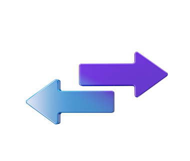 Mor ve mavi renkte, solu ve sağı gösteren iki tane parlak 3D ok. 3B Görüntü.