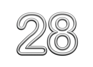 28 numara. Gümüş Metalik Beyaz Arkaplan 3D Görüntü