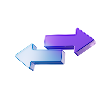 Mor ve mavi renkte, solu ve sağı gösteren iki tane parlak 3D ok. 3B Görüntü.