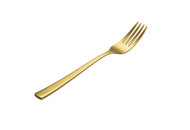 Parlak altın kaplama çatal, yansıtıcı bir kaplama ve hafif kıvrımlı bir sapı var. 3B Görüntü
