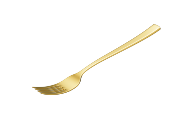 Parlak altın kaplama çatal, yansıtıcı bir kaplama ve hafif kıvrımlı bir sapı var. 3B Görüntü