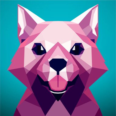 Turkuaz arka planda düşük polikuaz köpek, üçgen pembe hayvan, siyah burunlu, düşük polyester, karakter portresi. Vektör sanatı, noktalama sanatı, düşük polimeraz, kübo-fütürizm, çıkartma, karikatür avatarı. Vektör