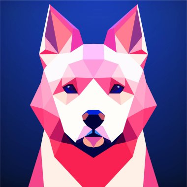 Köpek kafası düşük poligonal stil mavi arka plan ve pembe bir hayvan üçgeni. Vektör sanatı, sots sanatı, düşük polipolimerizm, kübo-fütürizm, çıkartma, karikatür avatarı, hayvan logosu, sürreal tasarım. Vektör illüstrasyonu