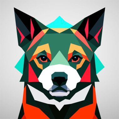 Yüzünde renkli bir geometrik desen ve etrafında gri bir sınır olan beyaz bir arka plan. Renkli düz sürreal tasarım. Vektör sanatı, noktalama sanatı, düşük polimeraz, kübo-fütürizm, çıkartma, karikatür avatarı.