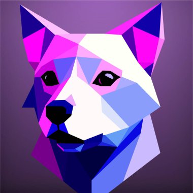 Köpek kafası düşük poligonal stil, mor arka plan ve siyah burun. Vektör sanatı, sots sanatı, düşük polipolimerizm, kübo-fütürizm, çıkartma, karikatür avatarı, hayvan logosu, sürreal tasarım. Vektör illüstrasyonu