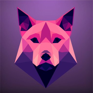 Morarmış arka planda Geometrik pembe ve mor köpek kafası. Vektör sanatı, sots sanatı, düşük polipolimerizm, kübo-fütürizm, çıkartma, karikatür avatarı, hayvan logosu, sürreal tasarım. Vektör illüstrasyonu