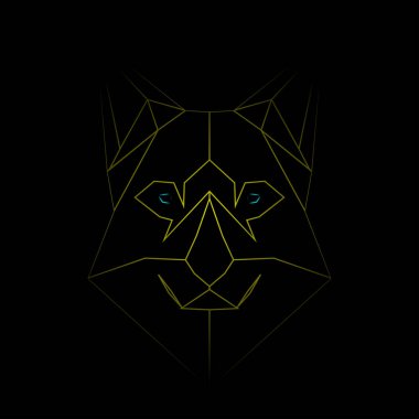 Siyah arka plan, sarı geometrik bir hayvan kafası, yüzü ve gözleri var. Vektör sanatı, sots sanatı, düşük polipolimerizm, kübo-fütürizm, çıkartma, karikatür avatarı, hayvan logosu, sürreal tasarım. Vektör illüstrasyonu
