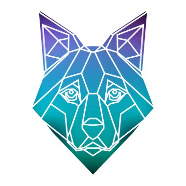 Geometrik köpek kafası, beyaz arka plan, geometrik gradyan hayvan kafası. Vektör sanatı, sots sanatı, düşük polipolimerizm, kübo-fütürizm, çıkartma, karikatür avatarı, hayvan logosu, sürreal tasarım. Vektör illüstrasyonu