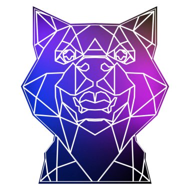 Şekil verilmiş köpek başı, geometrik bir üçgen tarzı ve beyaz arkaplan ve beyaz çizgilerle farklı renkler içerir. Vektör sanatı, noktalama sanatı, düşük polimerizm, kübo-fütürizm, çıkartma, karikatür avatarı, hayvan