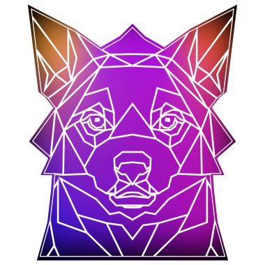 Şekil verilmiş köpek başı, geometrik bir üçgen tarzı ve beyaz arkaplan ve beyaz çizgilerle farklı renkler içerir. Vektör sanatı, noktalama sanatı, düşük polimerizm, kübo-fütürizm, çıkartma, karikatür avatarı, hayvan