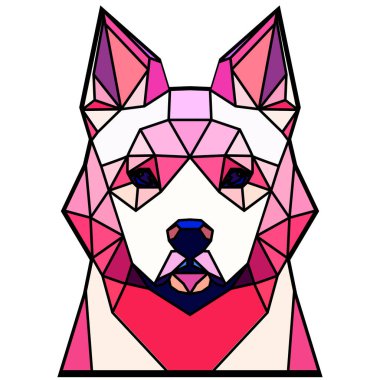 Geometrik tarzda köpek kafası, siyah kenar, renkli çizgiler, çokgen ve üçgen şekilli. Vektör sanatı, noktalama sanatı, düşük polimeraz, kübo-fütürizm, çıkartma, karikatür avatarı, hayvan logosu sürreal tasarımı, hologram.
