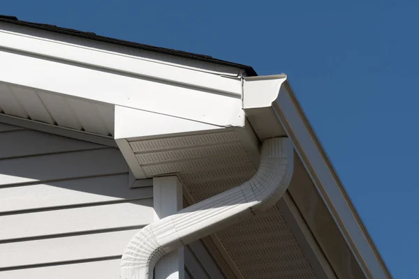 colonial white gutter guard system, fascia, drip edge, soffit providing ventilation to the attic roof line