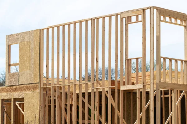 Inachevé Nouvelle Maison Contreplaqué Cadre Bois Mur Développement Planche Construction — Photo