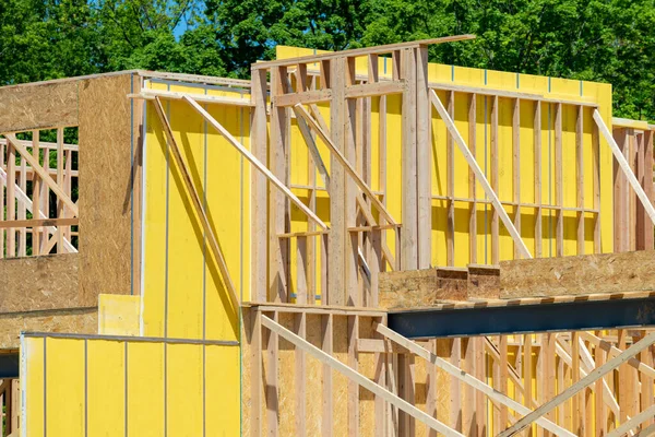 Sperrholz Haus Rahmen Struktur Neue Wand Fachwerk Himmel Hoch Material — Stockfoto