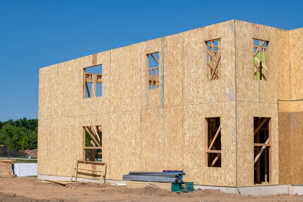Construction Une Nouvelle Maison Contreplaqué Contre Ciel Bleu Cadre Bois — Photo