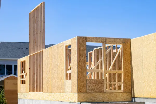 frame and walls new plywood house against the blue sky build material framework