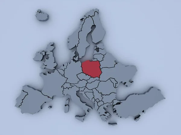 Vykreslená Mapa Evropy Jasnými Barvami Zaměřená Polsko — Stock fotografie
