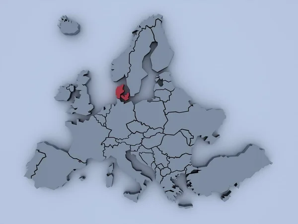 Vykreslená Mapa Evropy Jasnými Barvami Zaměřená Dánsko — Stock fotografie