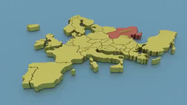 Vykreslená Mapa Evropy Jasnými Barvami Zaměřenými Ukrajinu — Stock video