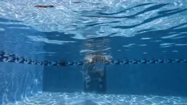 소녀가 수영장에서 수영하고 다이빙하고 카메라에서 수영장 수영의 — 비디오