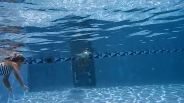 소녀가 수영장에 카메라에 수영장 수영의 — 비디오