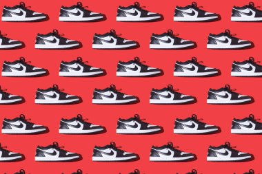 Air Jordan 1 Low Wmns Panda Black and White sneaker pattern, on a red background. Sneakers, basketball, retro, michael jordan, fashion, collection and casual. clipart