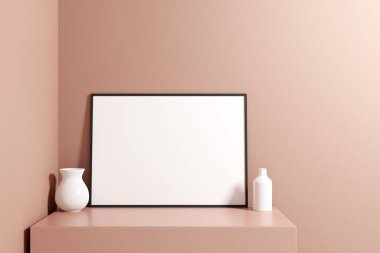 Minimalist ve temiz yatay siyah poster ya da podyum masasındaki fotoğraf çerçevesi modeli. 3B Hazırlama.