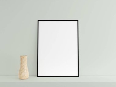 Özelleştirilebilir minimalist dikey siyah poster ya da podyum masasında vazo ile fotoğraf çerçevesi modeli. 3B Hazırlama.