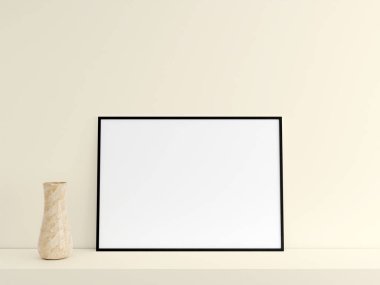 Özelleştirilebilir minimalist yatay siyah poster ya da podyum masasında vazo ile fotoğraf çerçevesi modeli. 3B Hazırlama.
