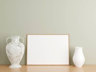 Minimalist yatay ahşap poster ya da duvara yaslanmış ahşap zeminde fotoğraf çerçevesi modeli. 3B Hazırlama.