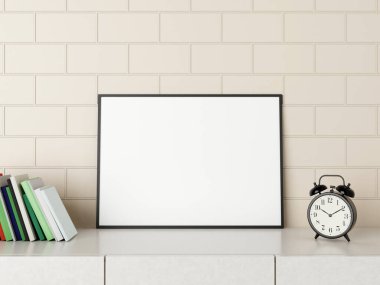 Minimalist yatay siyah poster ya da odada alarm ve kitaplar olan fotoğraf çerçevesi modeli. 3B Hazırlama.