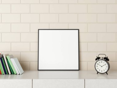 Minimalist kare siyah poster ya da odada alarm ve kitaplar olan fotoğraf çerçevesi modeli. 3B Hazırlama.