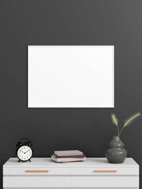 Minimalist yatay beyaz poster ya da duvarda kitap ve dekorasyonlu fotoğraf çerçevesi modeli. 3d oluşturma.