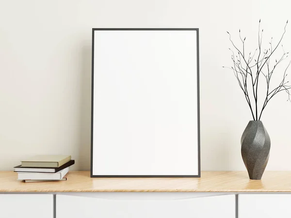 Minimalist vertical black poster or photo frame mockup on wood table with books and vase in a room. 3D Rendering.