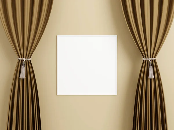 Minimalist square white poster or photo frame mockup on the wall between the curtain. 3d rendering.