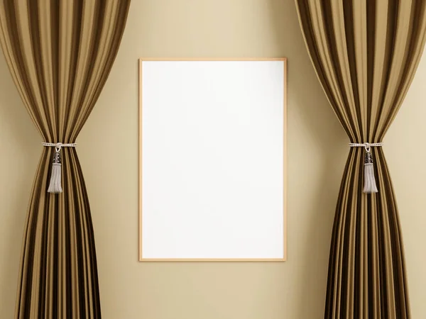 Minimalist vertical wooden poster or photo frame mockup on the wall between the curtain. 3d rendering.